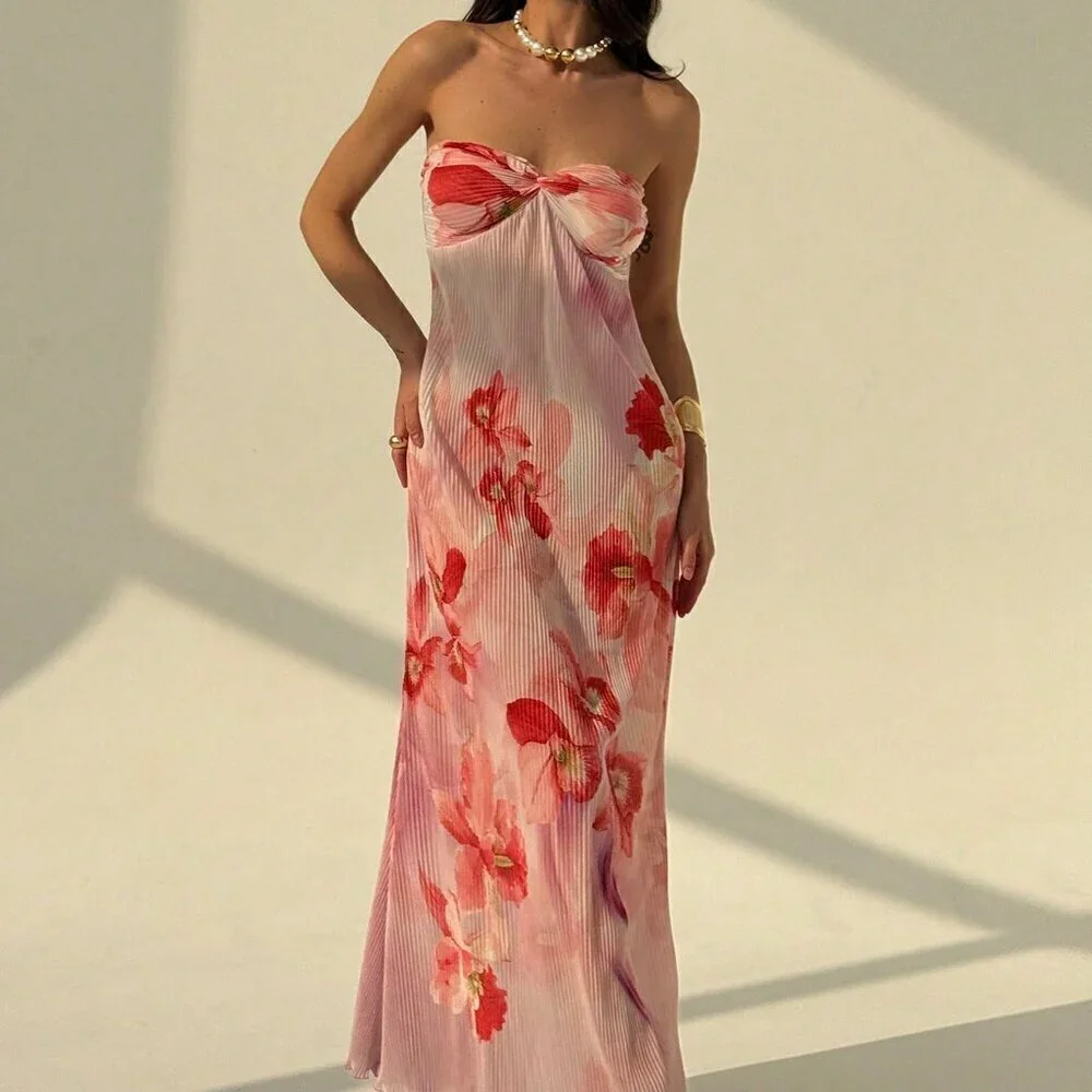 Multicolor Boho Women's Strapless Twist-Front Ruched Floral Print Bodycon Dress - Picture 3 of 7